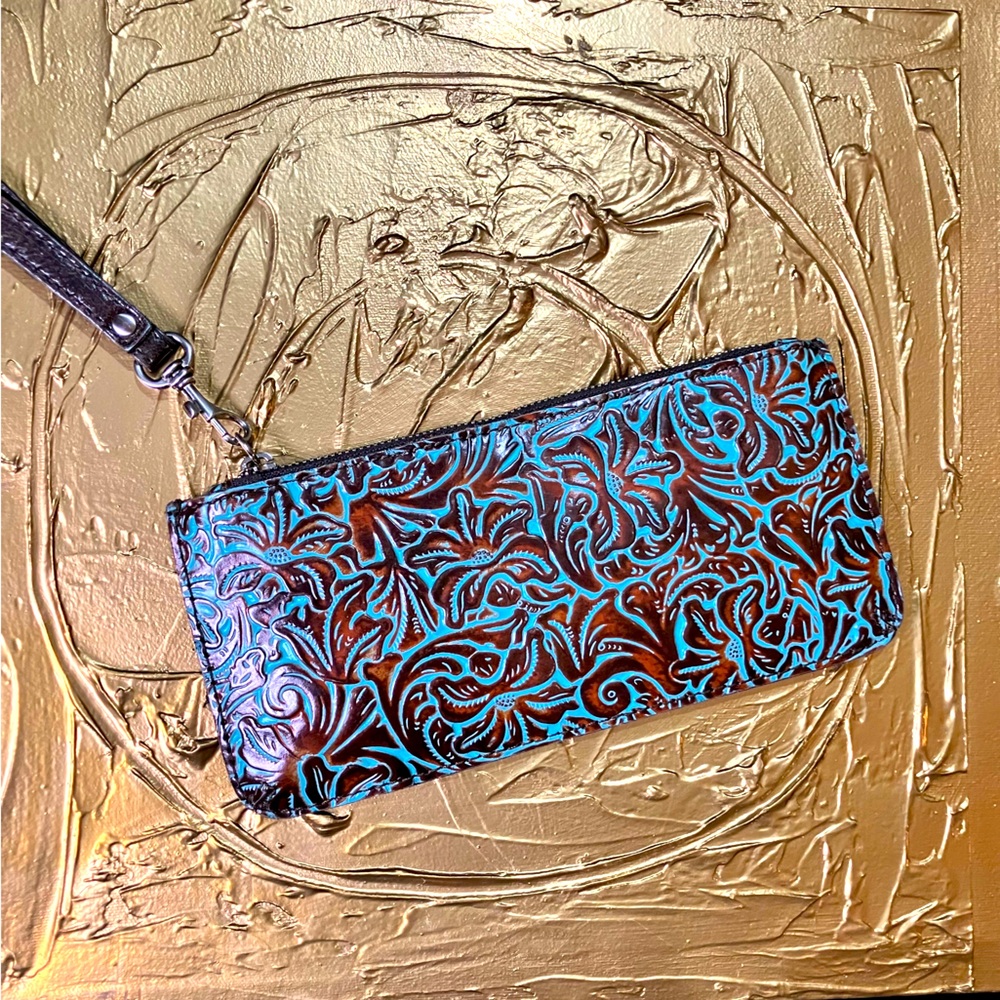 PATRICIA NASH [Like New] “Cassini” Wristlet Tooled Turquoise Embossed Leather